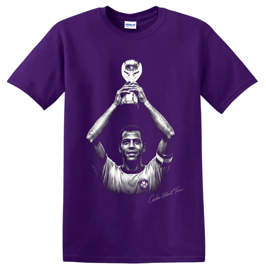 Carlos Alberto Torres lifting trophy in monochrome Brazilian soccer portrait artwork on a Purple T Shirt
