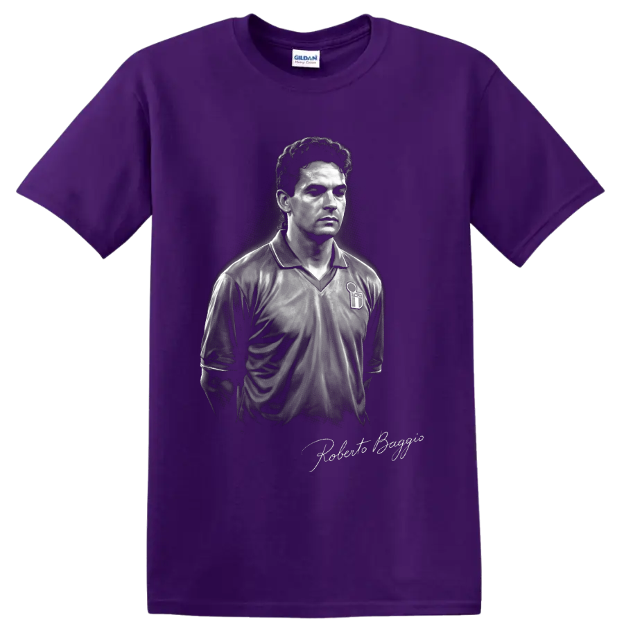 Monochrome Roberto Baggio Italy soccer portrait with signature-style lettering on a Purple T Shirt