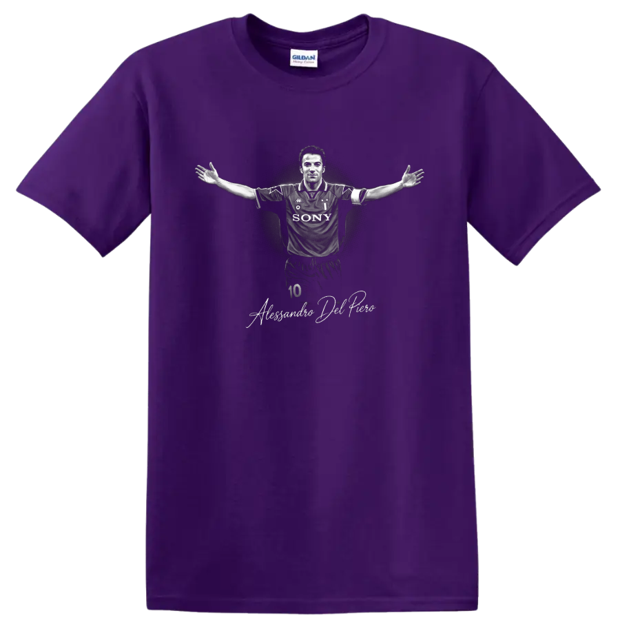 Alessandro Del Piero Juventus number 10 monochrome soccer portrait with signature on a Purple T Shirt