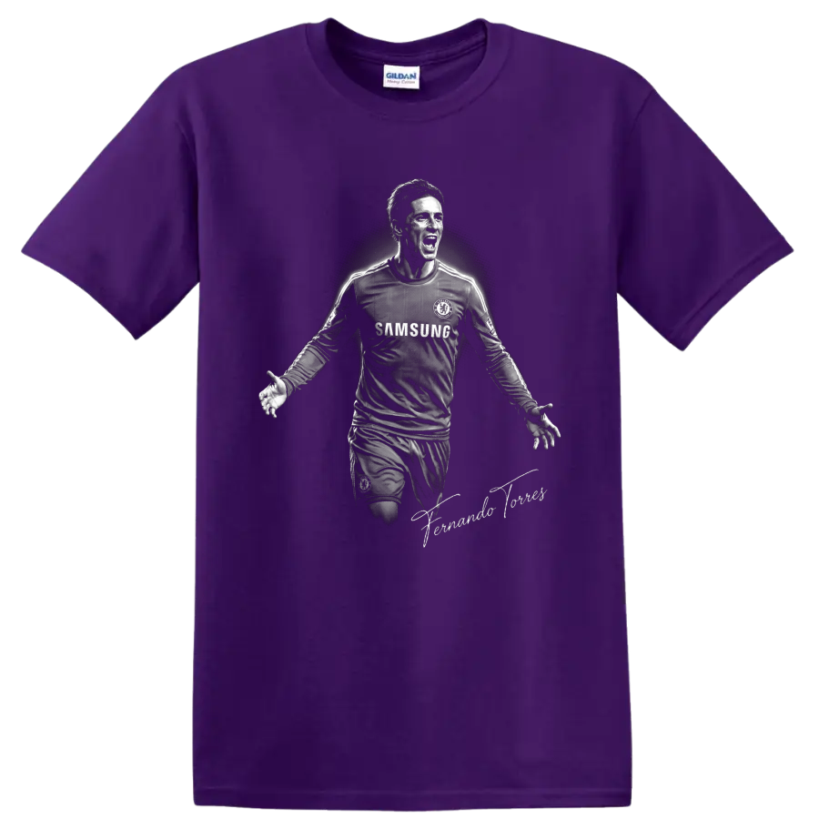 Fernando Torres Chelsea soccer celebration portrait in dramatic monochrome artwork on a Purple T Shirt