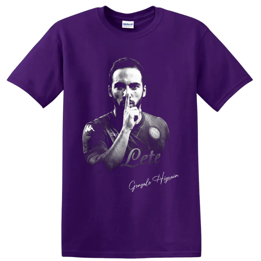 Gonzalo Higuain monochrome soccer portrait making a shushing gesture on a Purple T Shirt