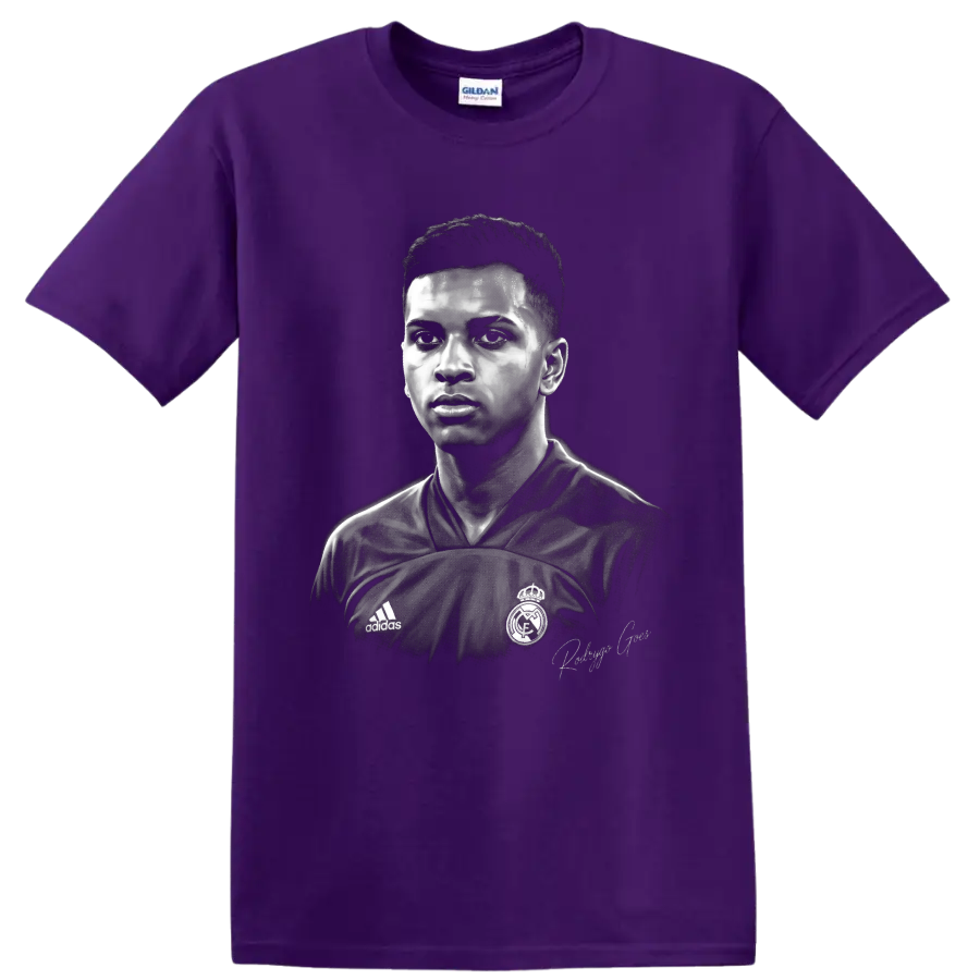 Rodrygo Goes monochrome soccer portrait in Real Madrid jersey with signature on a Purple T Shirt