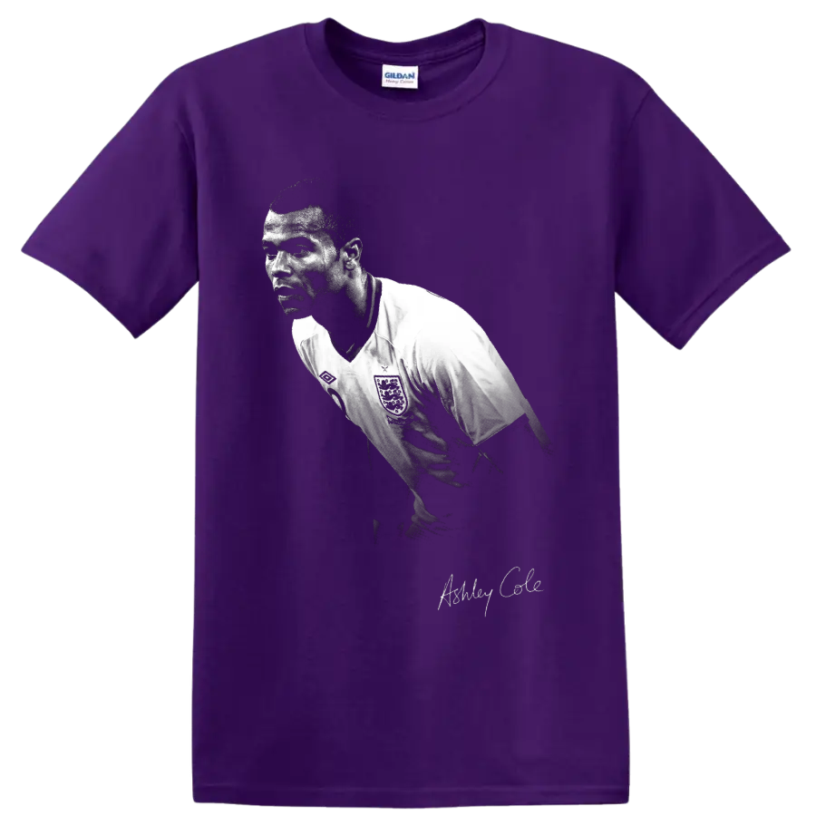 Ashley Cole England soccer defender portrait in distressed black-and-white style on a Purple T Shirt