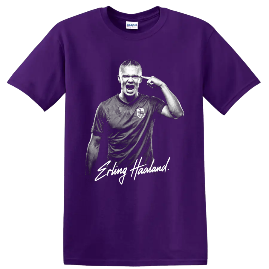 Erling Haaland Norway soccer portrait with signature-style name lettering on a Purple T Shirt