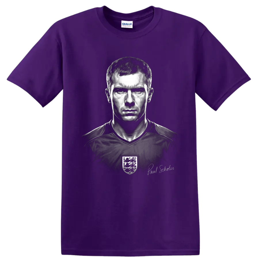 Paul Scholes monochrome soccer portrait with England crest and signature detail on a Purple T Shirt