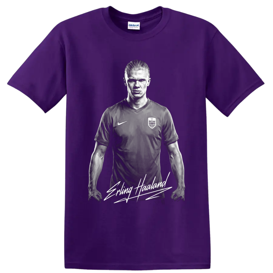 Grayscale Erling Haaland soccer portrait with signature-style lettering on a Purple T Shirt