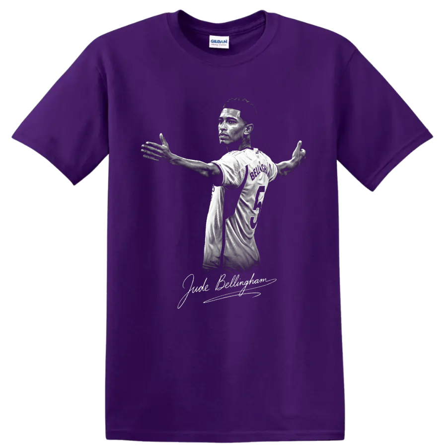 Jude Bellingham grayscale Real Madrid number 5 portrait with signature-style lettering on a Purple T Shirt