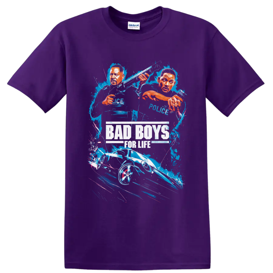 Bad Boys for Life illustrated Mike Lowrey and Marcus Burnett action movie graphic on a Purple T Shirt