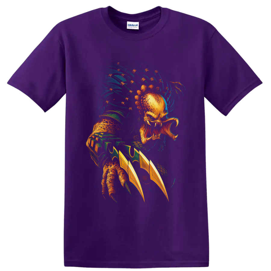 Unmasked Predator alien hunter with mandibles, wrist blades, and retro sci-fi art on a Purple T Shirt