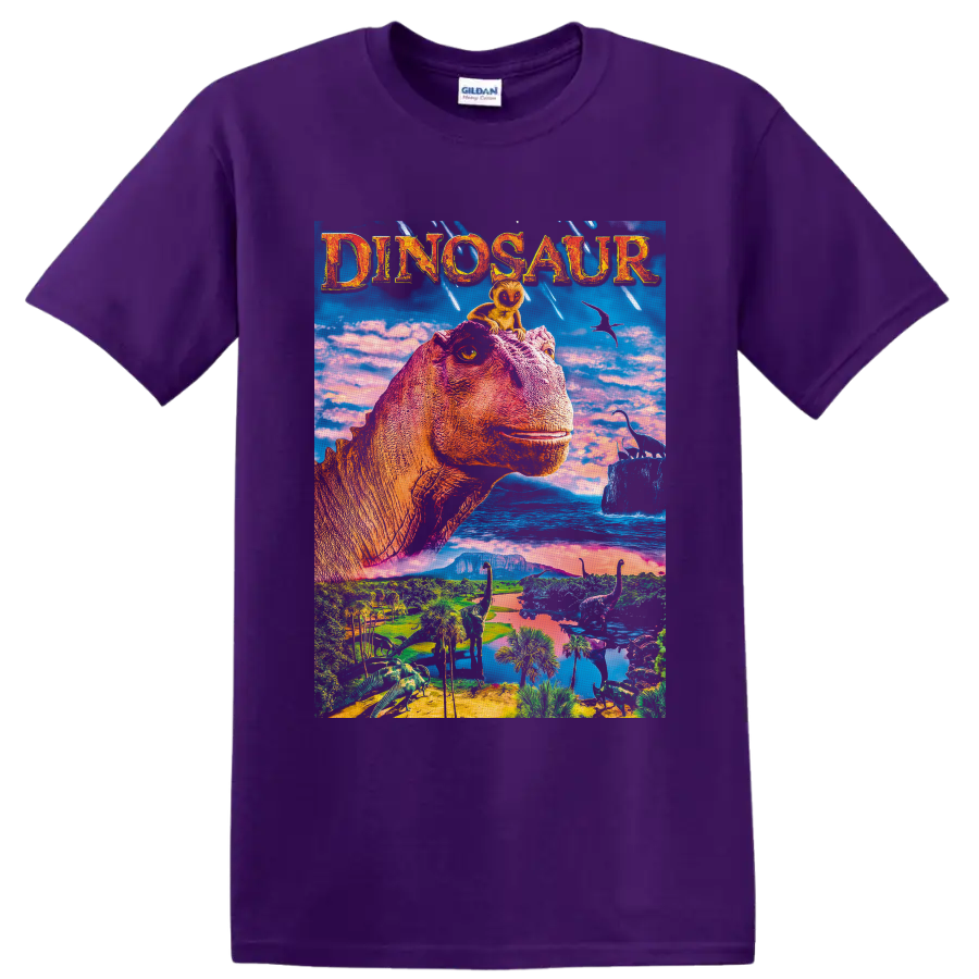 Aladar and Suri Dinosaur movie artwork with a colorful prehistoric valley on a Purple T Shirt