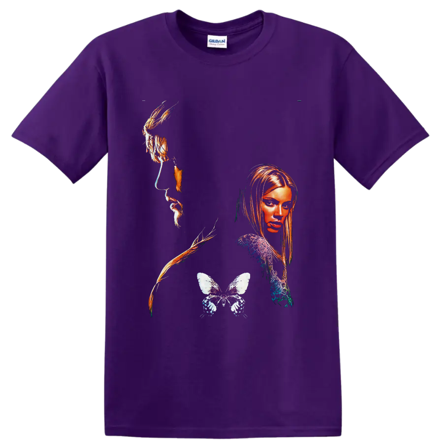 Surreal portrait collage with orange-gold accents and detailed butterfly graphic on a Purple T Shirt