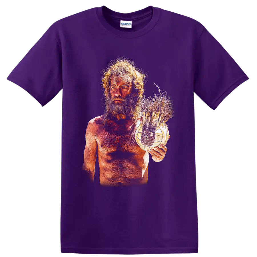 Chuck Noland Cast Away survival portrait with handmade volleyball companion graphic on a Purple T Shirt