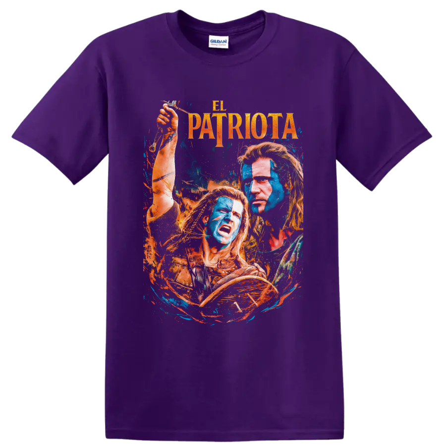 Benjamin Martin with colonial figures in distressed blue and orange The Patriot artwork on a Purple T Shirt