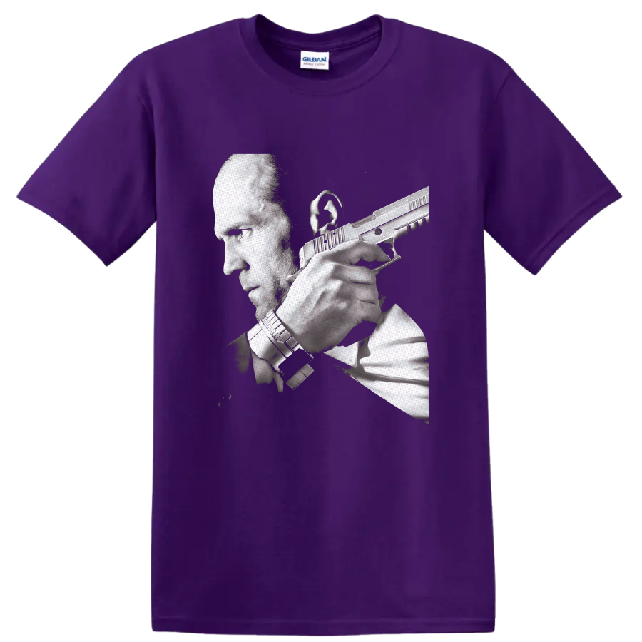 Frank Martin Transporter 3 grayscale action portrait with handgun on a Purple T Shirt