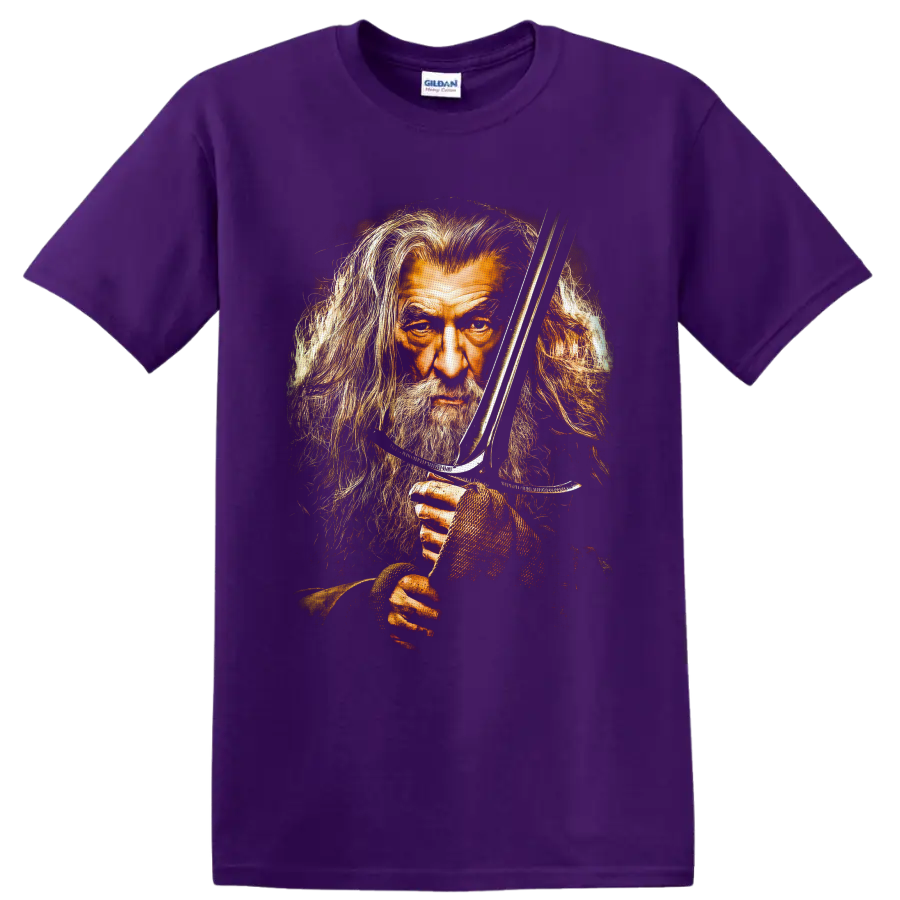 Gandalf portrait with sword in distressed painterly fantasy artwork on a Purple T Shirt
