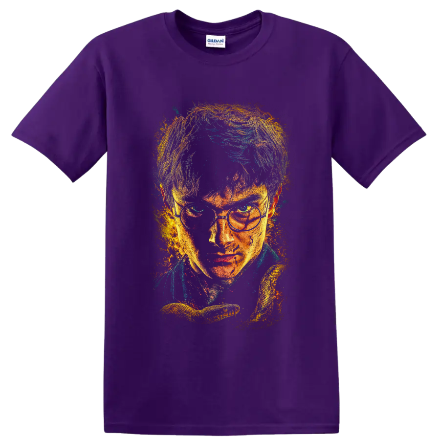 Harry Potter wizard portrait in distressed paint-splatter style with Golden Snitch on a Purple T Shirt