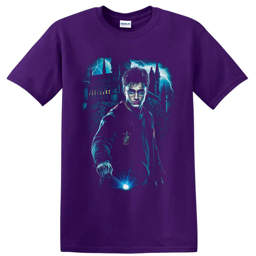 Harry Potter with glowing wand, lightning, and Gothic castle fantasy graphic on a Purple T Shirt