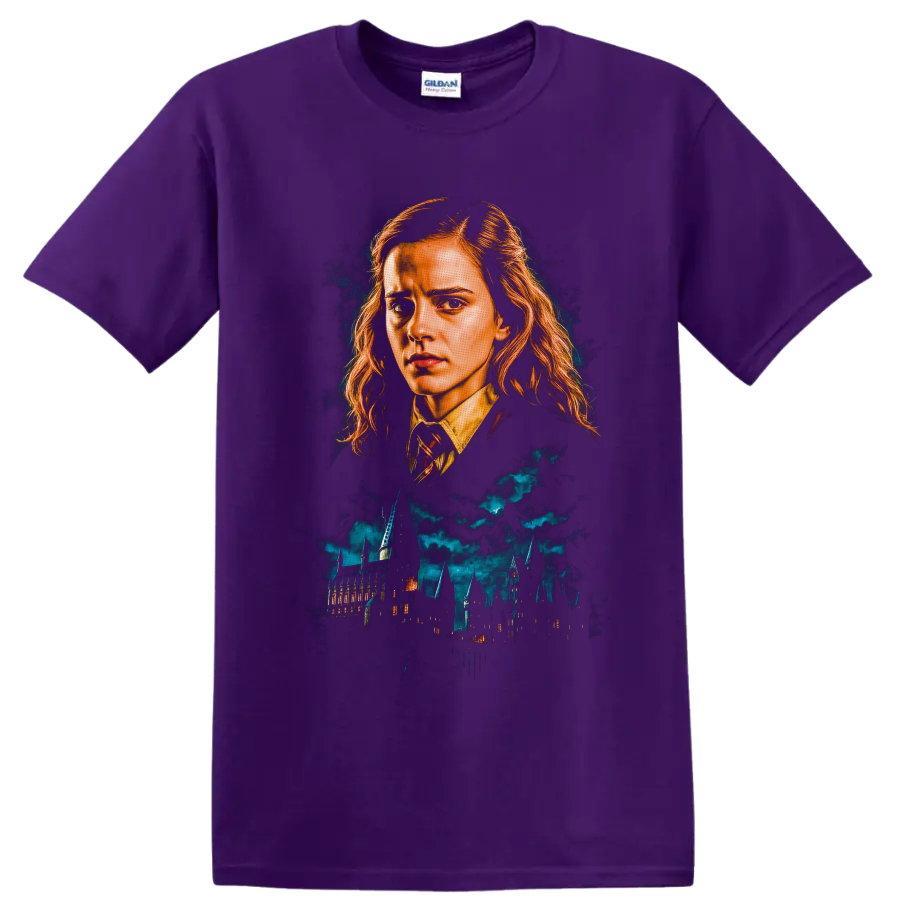 Hermione Granger portrait above Hogwarts castle in dramatic fantasy illustration on a Purple T Shirt