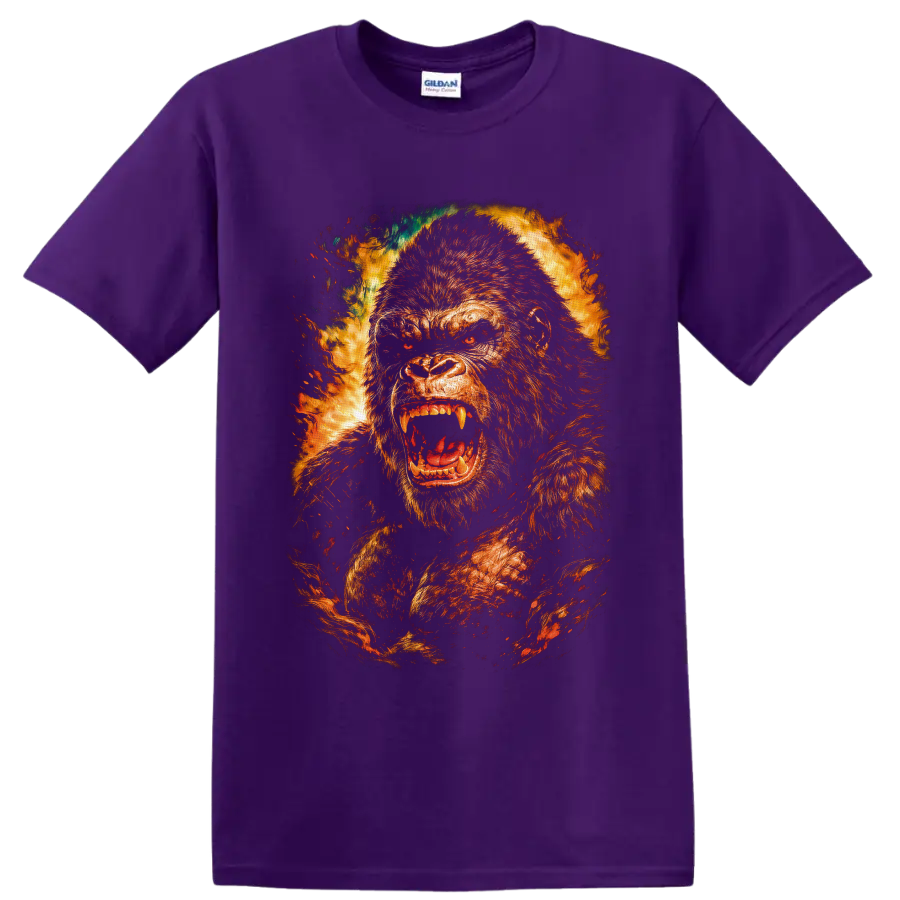 Kong roaring giant ape in fiery distressed monster movie graphic art on a Purple T Shirt