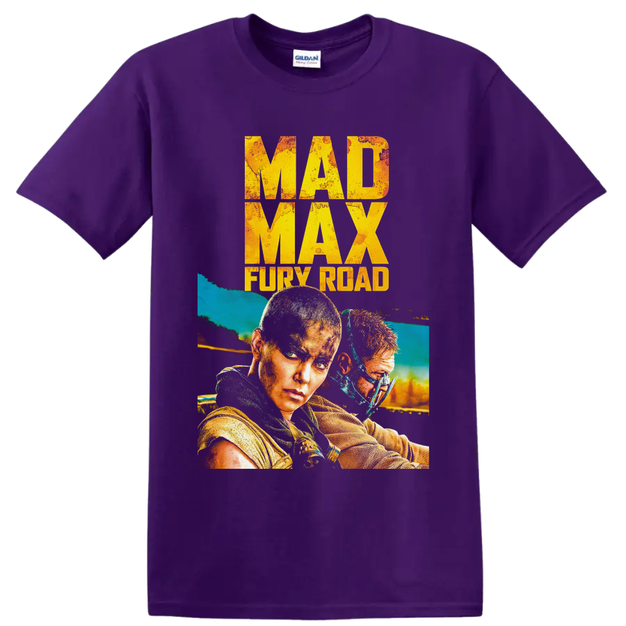 Furiosa and masked warrior in distressed Mad Max Fury Road action poster art on a Purple T Shirt
