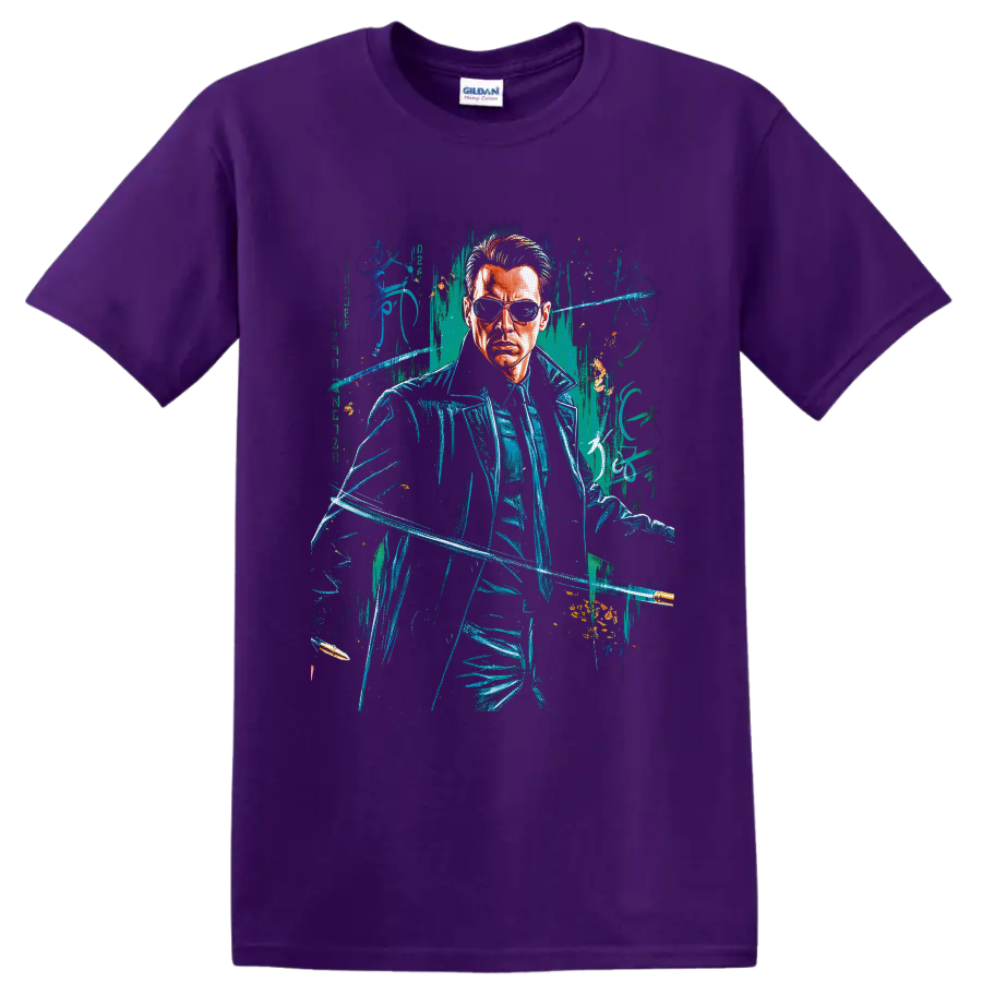 The Matrix cyberpunk sunglasses figure with neon digital distressed artwork on a Purple T Shirt