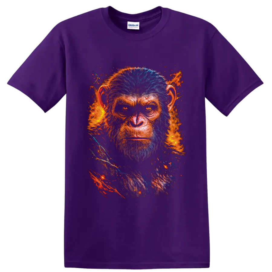 Caesar Planet of the Apes portrait with blue fur, orange flames, and embers on a Purple T Shirt