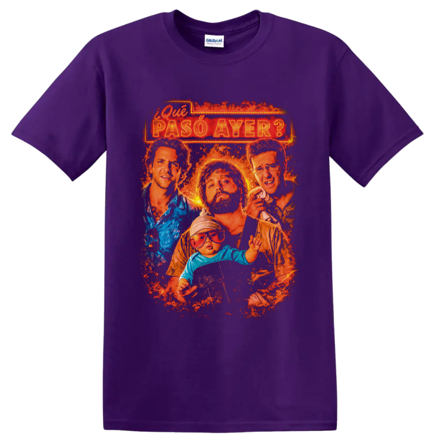 The Hangover cast and baby in fiery distressed marquee movie poster graphic on a Purple T Shirt