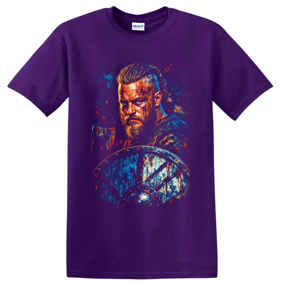 Ragnar Lothbrok warrior portrait with axe and shield in vibrant splatter-paint style on a Purple T Shirt