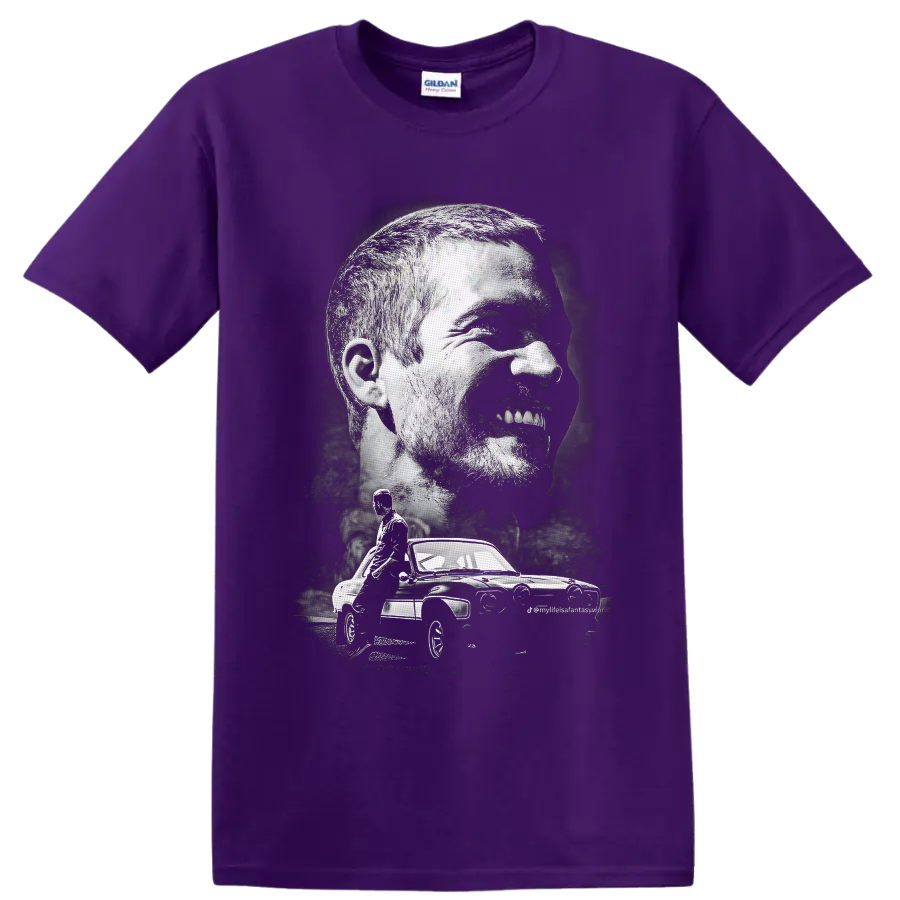Brian O'Conner portrait and Ford Escort RS2000 in distressed monochrome graphic art on a Purple T Shirt
