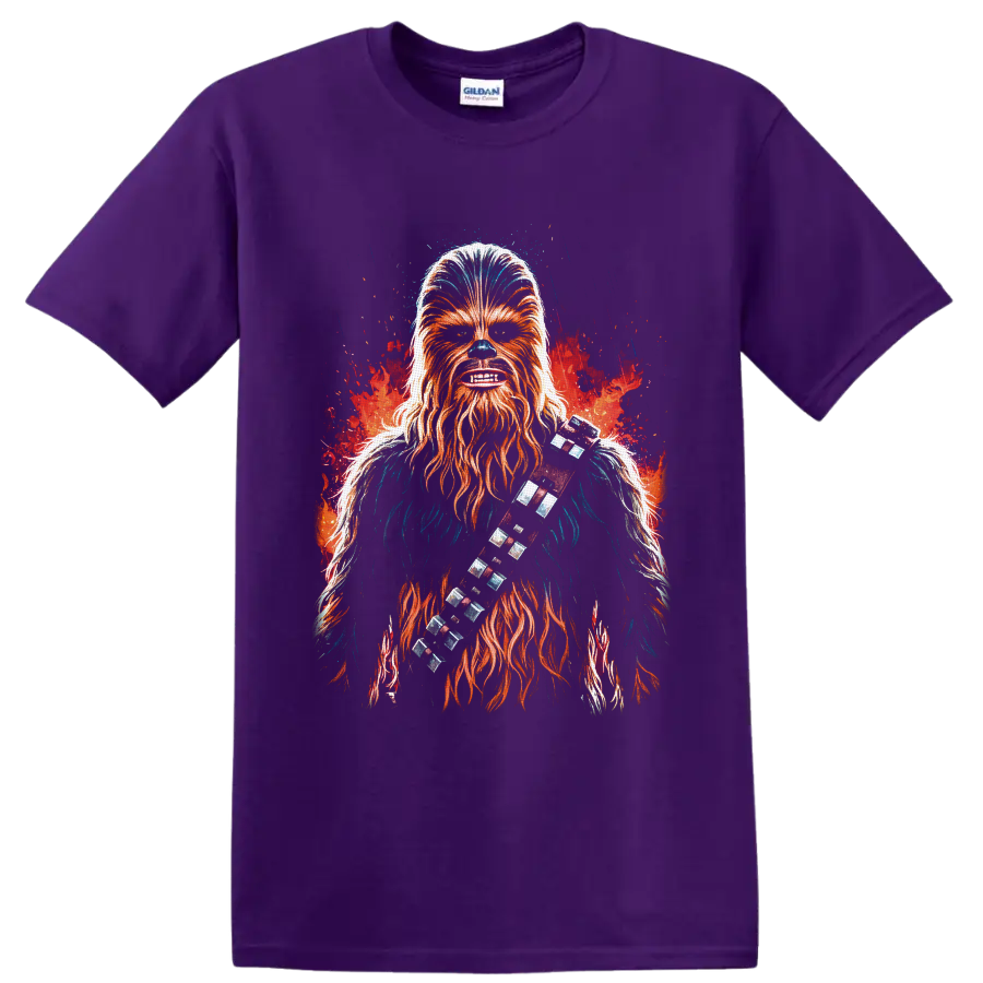 Chewbacca fiery splash-art portrait with bandolier on a Purple T Shirt