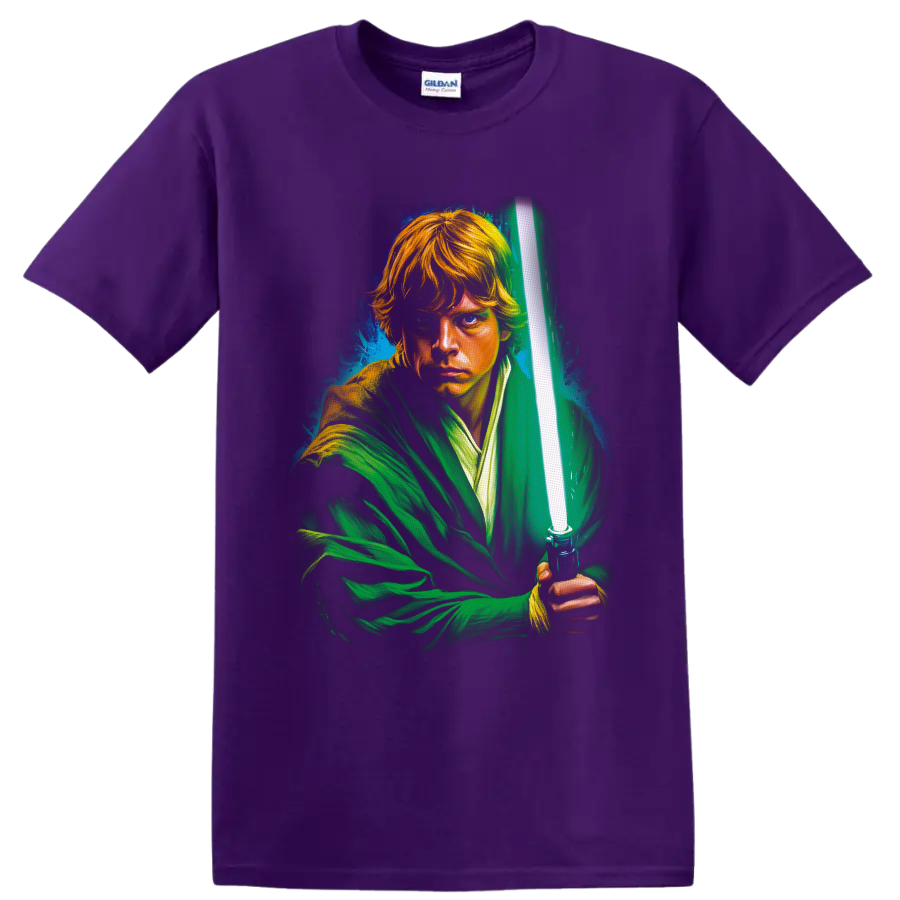 Luke Skywalker painterly portrait holding a glowing green lightsaber on a Purple T Shirt