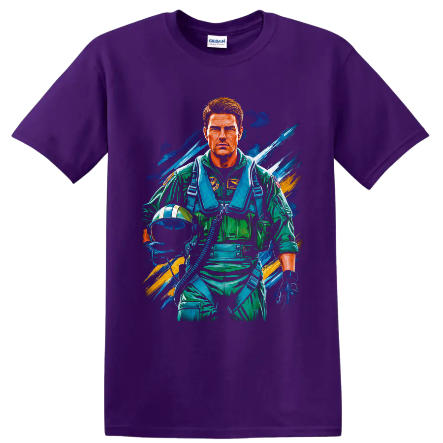 Pete Maverick Mitchell fighter pilot portrait in vibrant Top Gun style on a Purple T Shirt