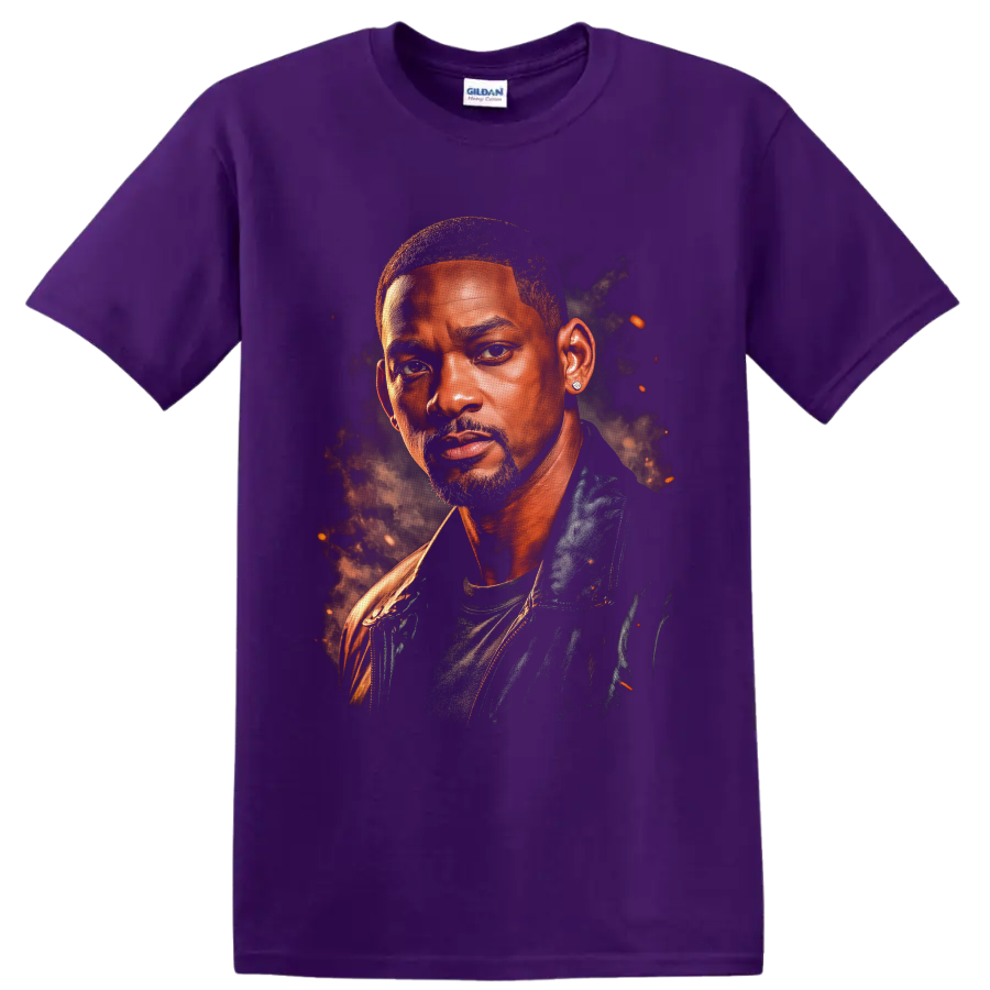 Will Smith cinematic portrait graphic with smoke and glowing ember accents on a Purple T Shirt