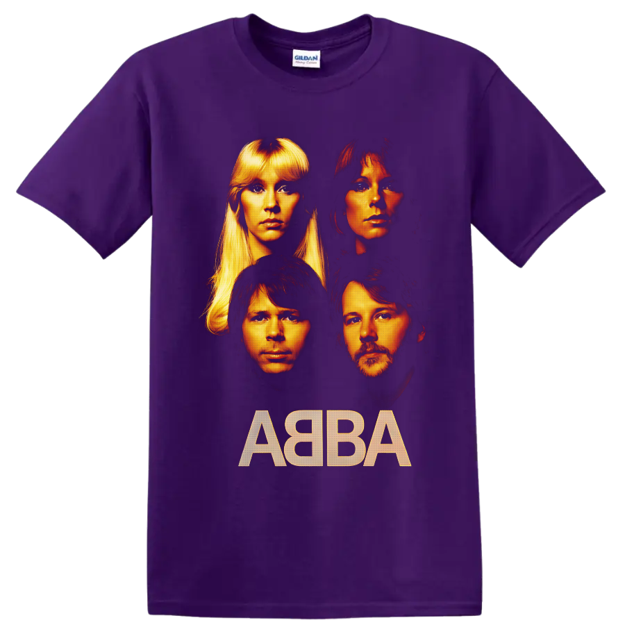 ABBA four-member portraits in dramatic gold and orange with bold ABBA lettering on a Purple T Shirt