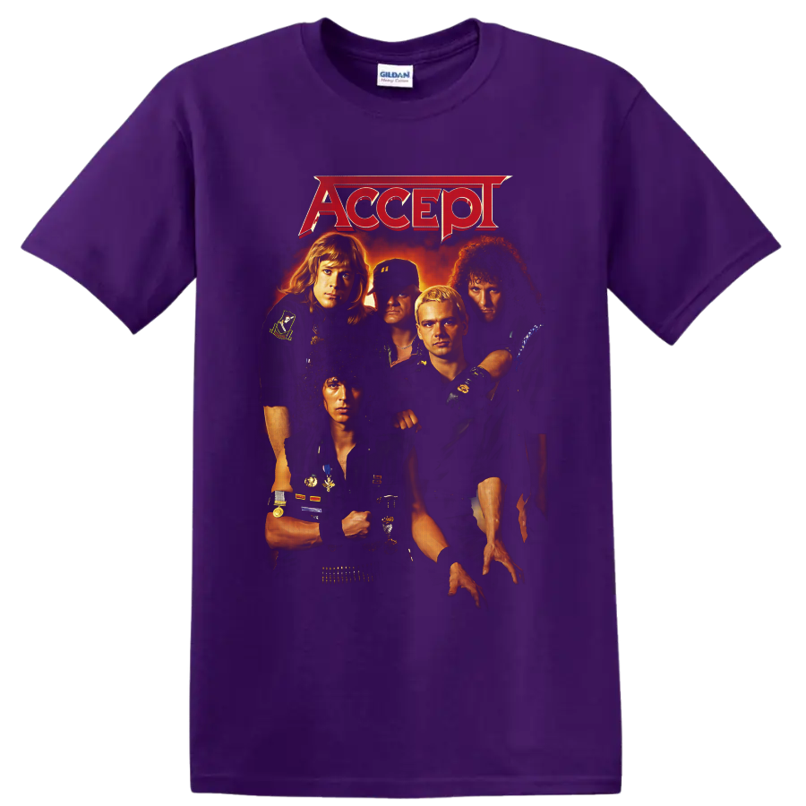 Accept five-member band portrait with red logo and fiery vintage metal poster artwork on a Purple T Shirt
