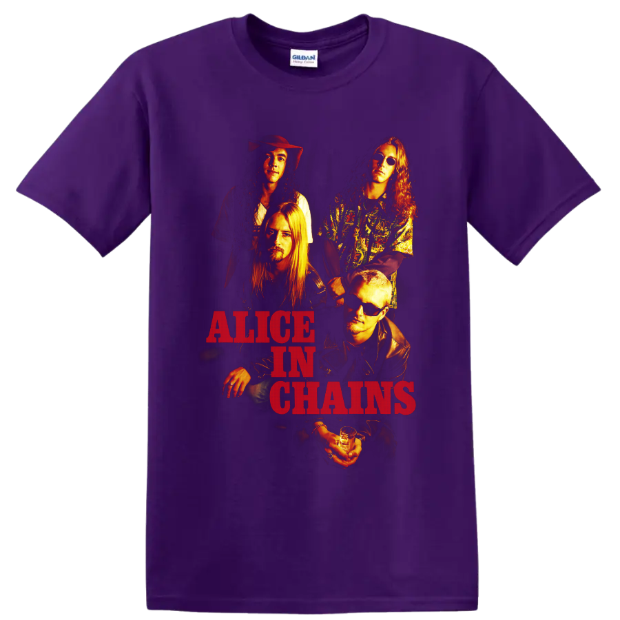 Alice in Chains grunge band portrait with warm lighting and distressed red lettering on a Purple T Shirt