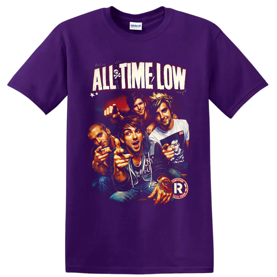 All Time Low four-member illustrated portrait with distressed lettering and punk rock on a Purple T Shirt
