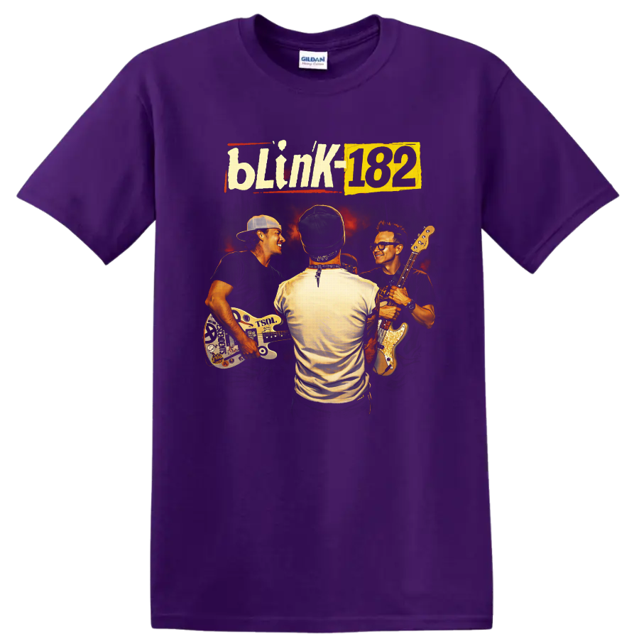Blink-182 retro concert portrait of three musicians with guitars and fiery backdrop on a Purple T Shirt