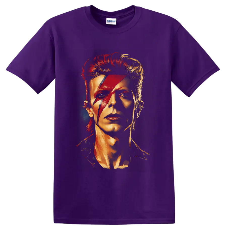 David Bowie Aladdin Sane portrait with red lightning bolt and glam rock styling on a Purple T Shirt