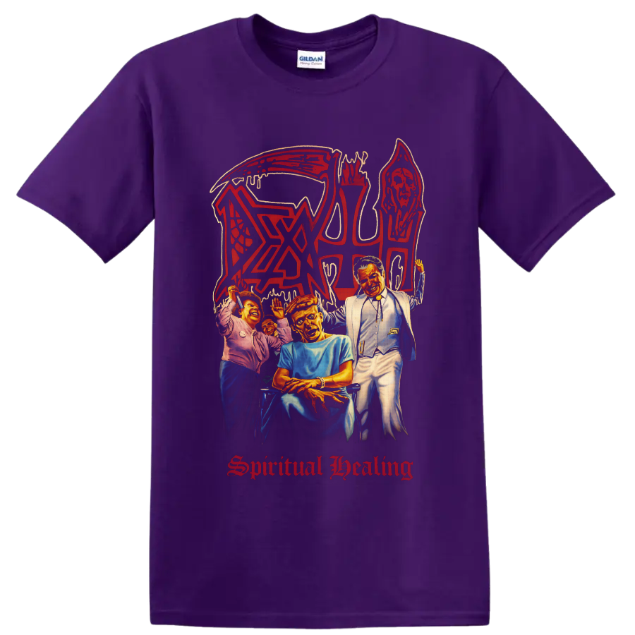 Death Spiritual Healing album art with hooded skull, figures, red logo and gothic text on a Purple T Shirt