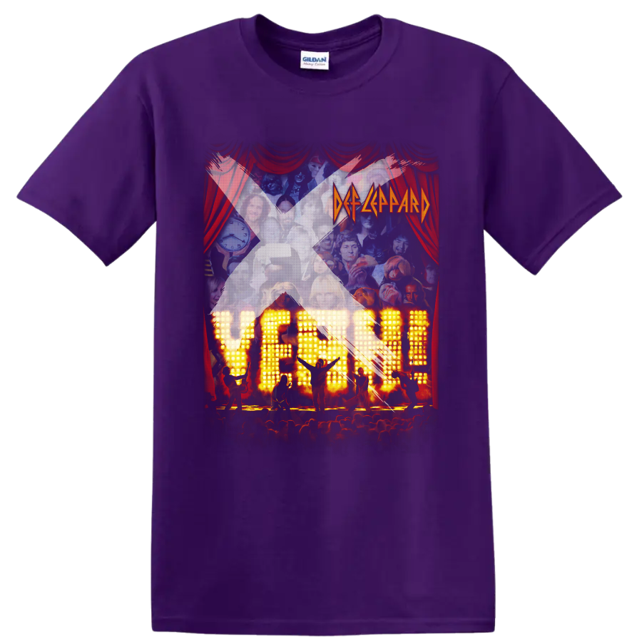 Def Leppard Yeah! album-style concert collage with red curtains and glowing stage on a Purple T Shirt