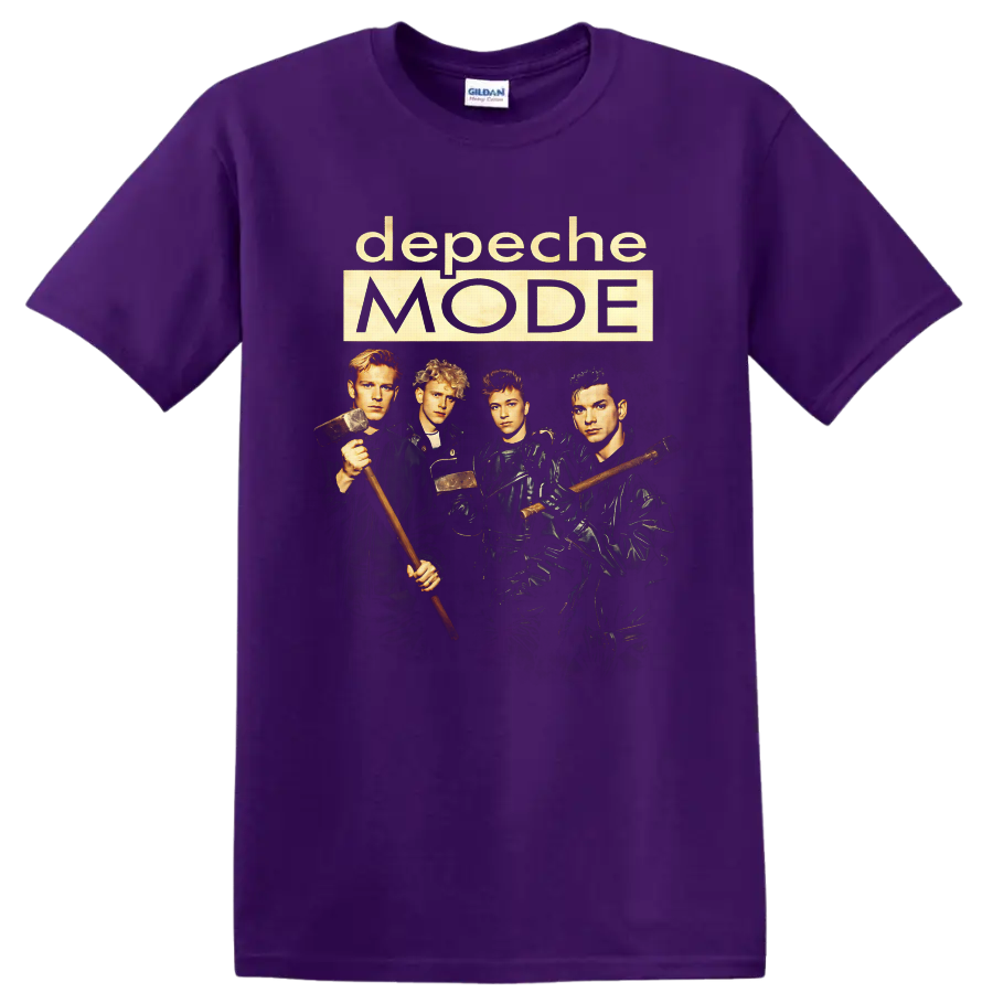 Depeche Mode Construction Time Again band portrait with hammers and cream logo text on a Purple T Shirt