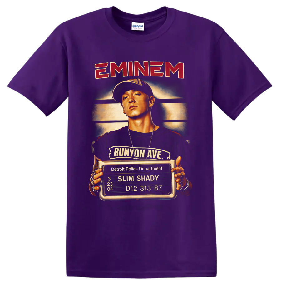 Eminem Slim Shady portrait with Runyon Ave sign and Detroit booking board on a Purple T Shirt