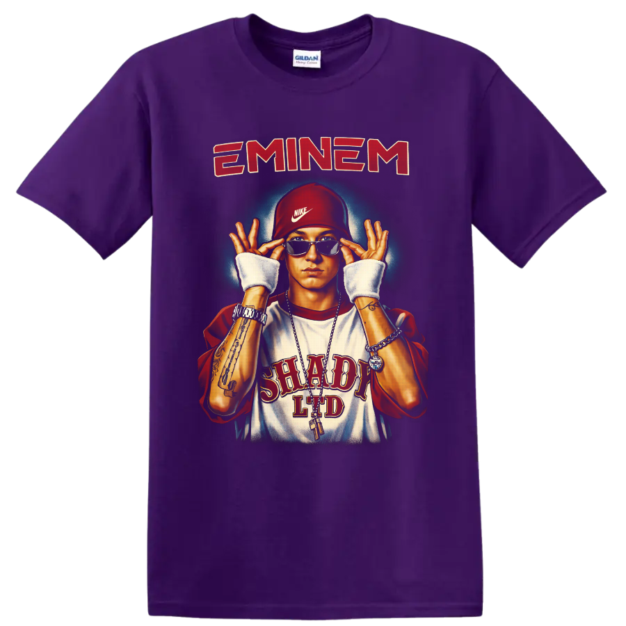 Eminem portrait illustration with sunglasses, red cap, chains, and retro lettering on a Purple T Shirt