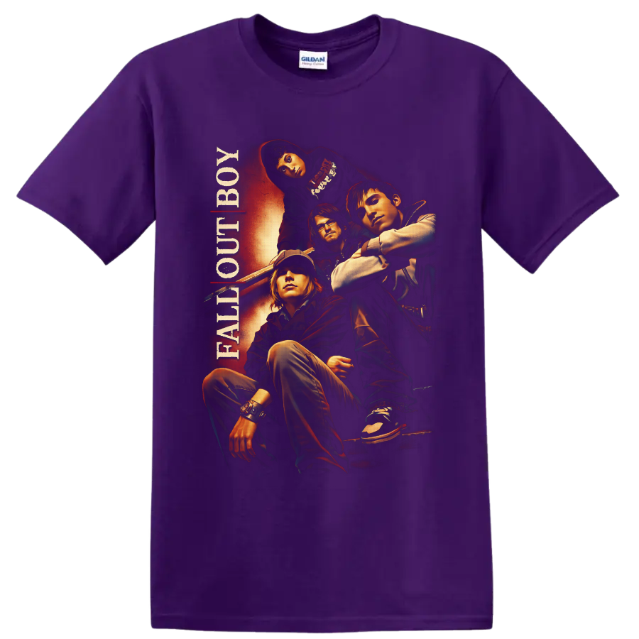 Fall Out Boy four-member portrait in fiery retro rock poster style with vertical band text on a Purple T Shirt