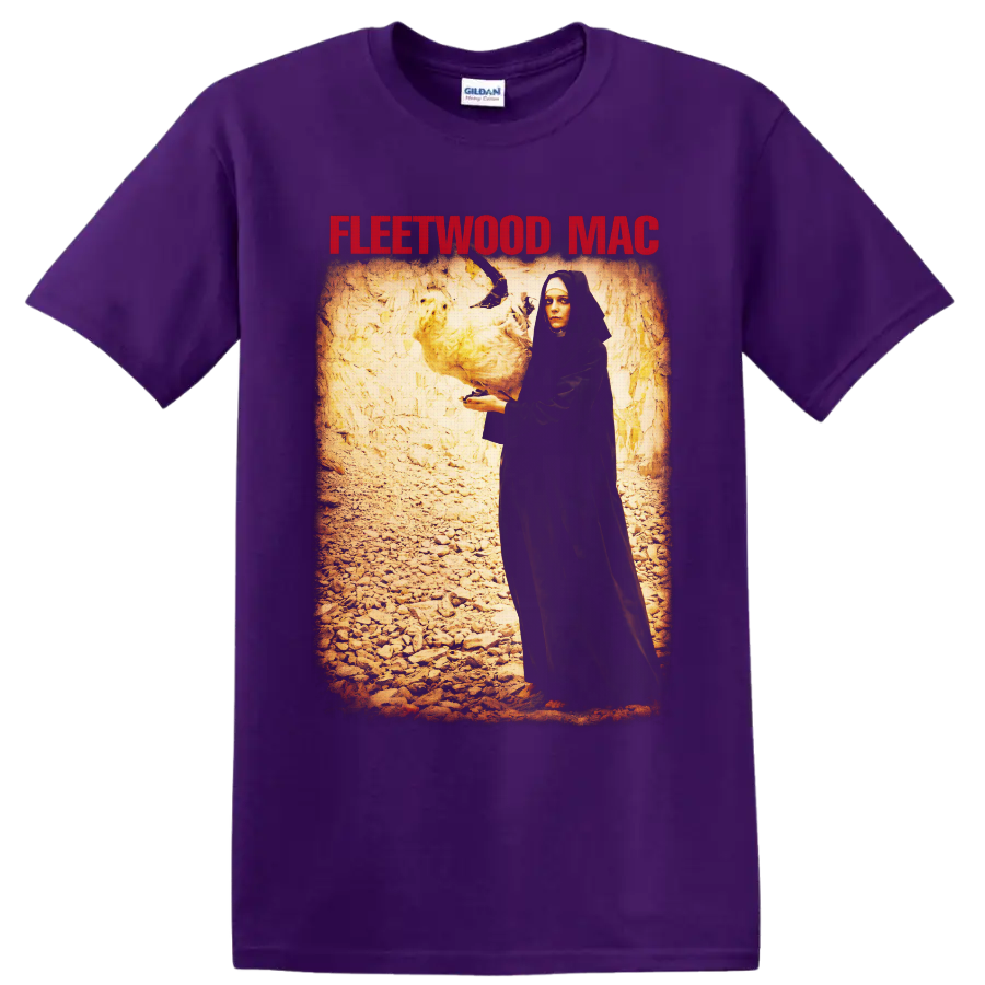 Fleetwood Mac gothic hooded figure and white dove vintage rock artwork on a Purple T Shirt