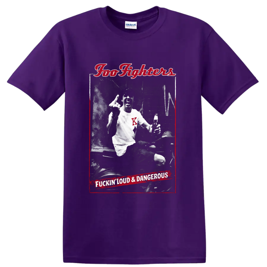 Dave Grohl scooter rider in distressed Foo Fighters red and black rock poster art on a Purple T Shirt