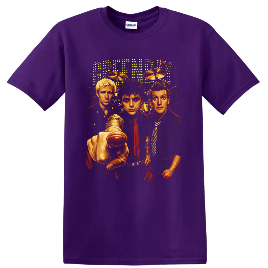 Green Day trio stage portrait with drums, microphones, and glowing marquee lights on a Purple T Shirt