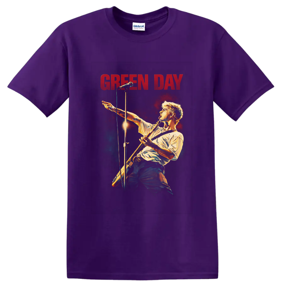 Billie Joe Armstrong concert illustration with guitar, microphone, and GREEN DAY text on a Purple T Shirt