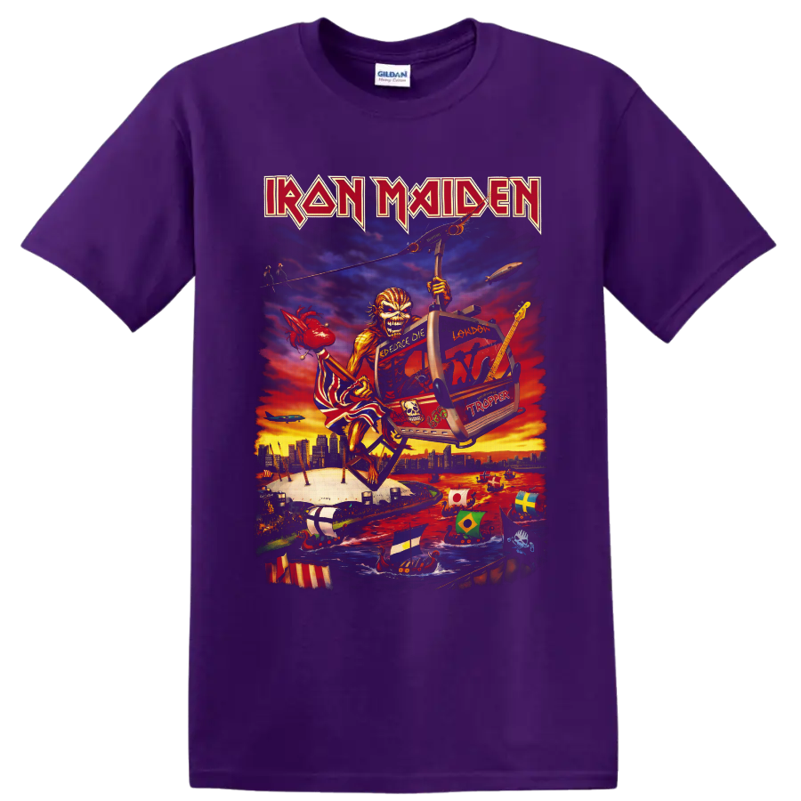 Iron Maiden Eddie airship illustration over London with guitar, longships, and sunset on a Purple T Shirt